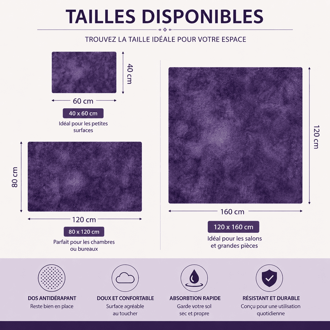 Guide des dimensions disponibles du tapis salon violet uni avec plusieurs tailles adaptées au salon, à la chambre et au bureau.