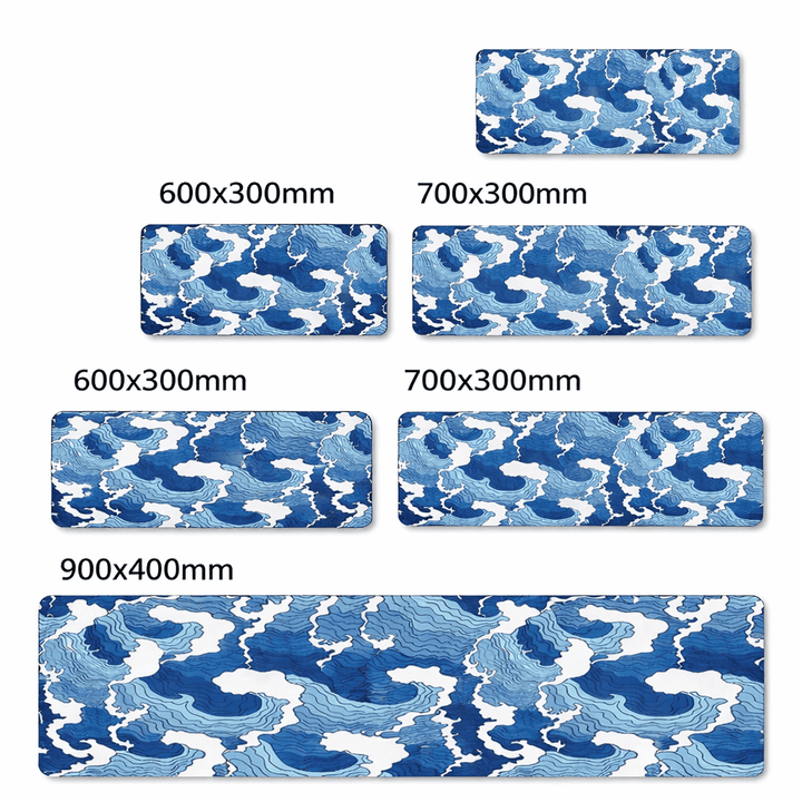 tailles disponibles du tapis de souris vague bleu XXL avec surface textile et base antidérapante