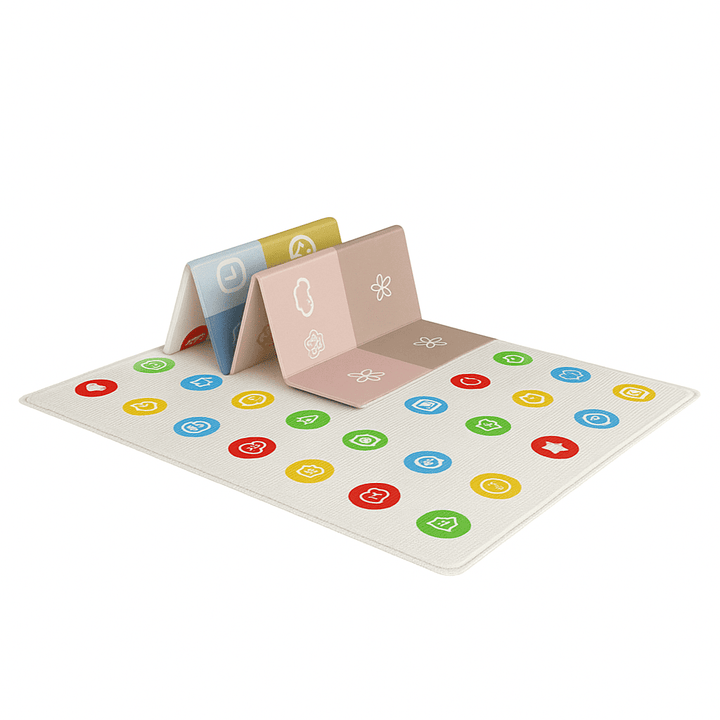 Tapis d’éveil pliable pour bébé avec design minimaliste, icônes colorées sur fond clair