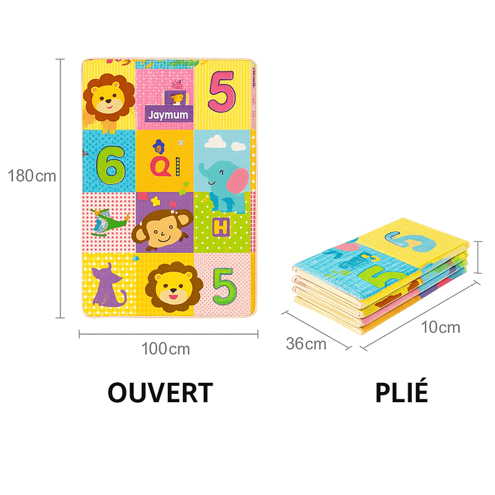 Illustration du tapis d’éveil pliable bébé coloré avec motifs animaux et chiffres, dimensions 180×100 cm ouvert et 36×50×10 cm une fois plié.