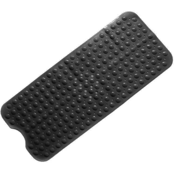 Image d’un tapis antidérapant noir pour baignoire avec surface à picots pour une adhérence renforcée, conçu pour éviter les glissades sous la douche.