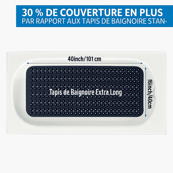 Illustration d’un tapis de bain extra long noir mesurant 101 cm par 40 cm, placé dans une baignoire blanche. Le visuel met en évidence sa surface antidérapante à ventouses et une couverture 30 %