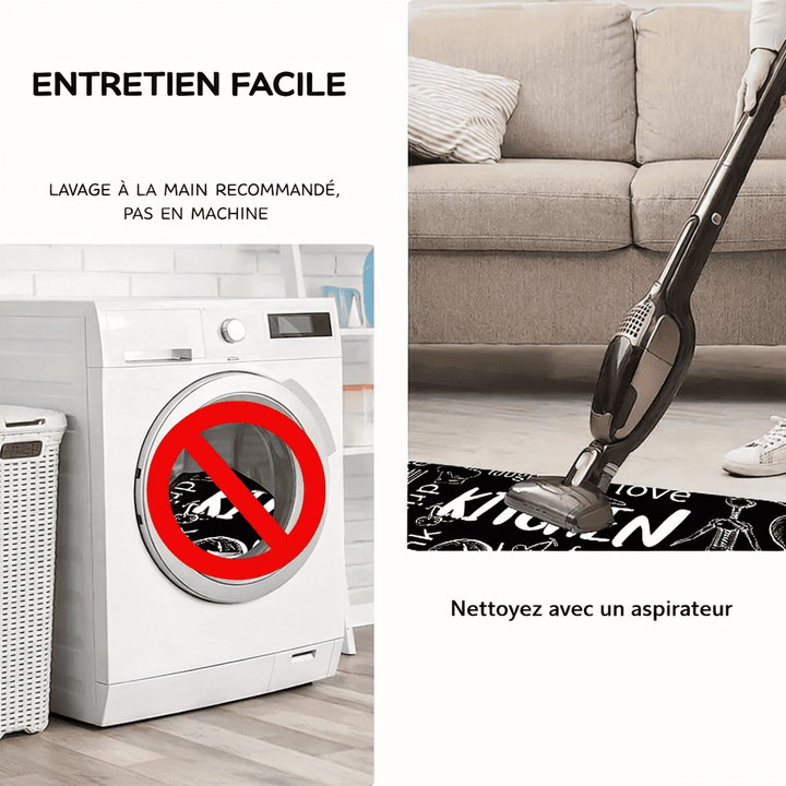 tapis de bain entretien facile avec indication lavage à la main et nettoyage aspirateur