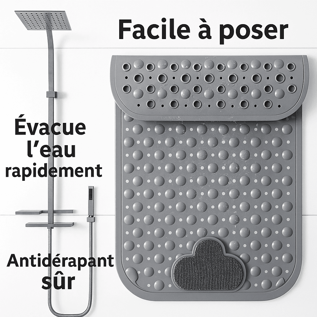 Vue suspendue d’un tapis de bain antidérapant gris à picots, montrant sa pose facile et ses perforations pour une évacuation rapide de l’eau.