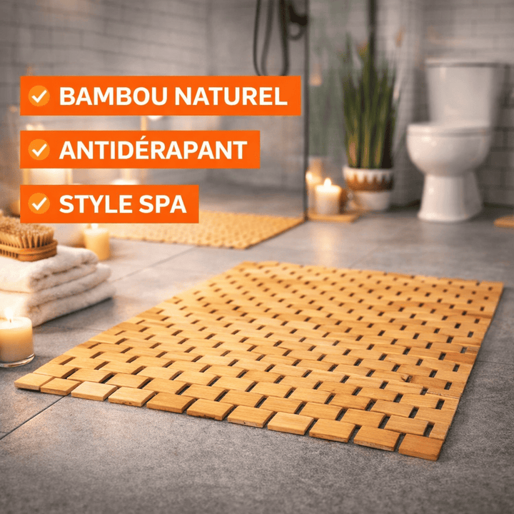 tapis de bain bambou naturel antidérapant avec design moderne et style spa dans une salle de bain