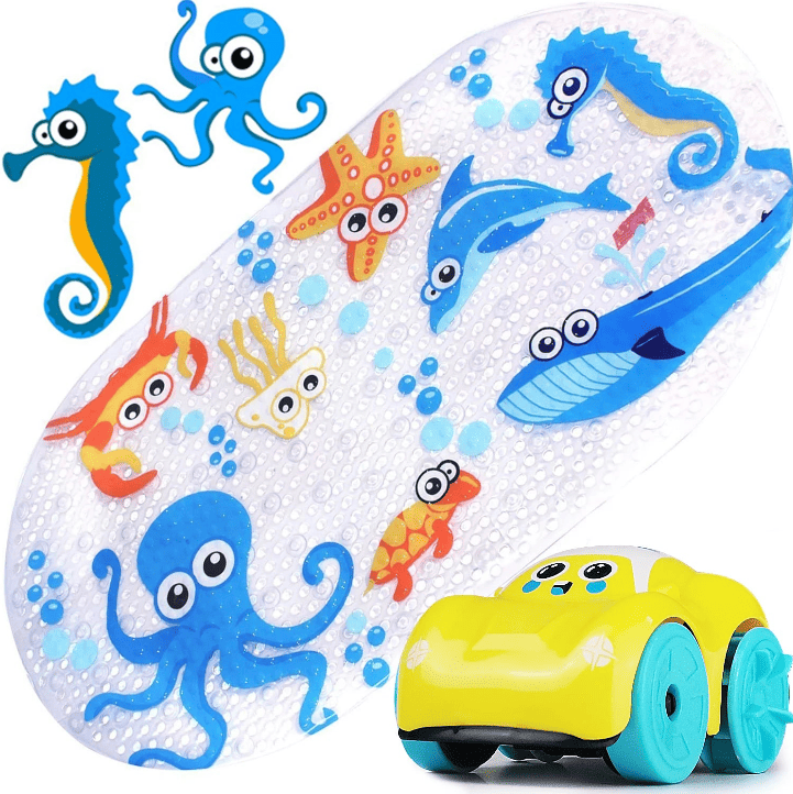 Tapis de bain antidérapant pour bébé orné de motifs pieuvre, hippocampe, étoile de mer et baleine, avec un petit jouet voiture jaune posé dessus.