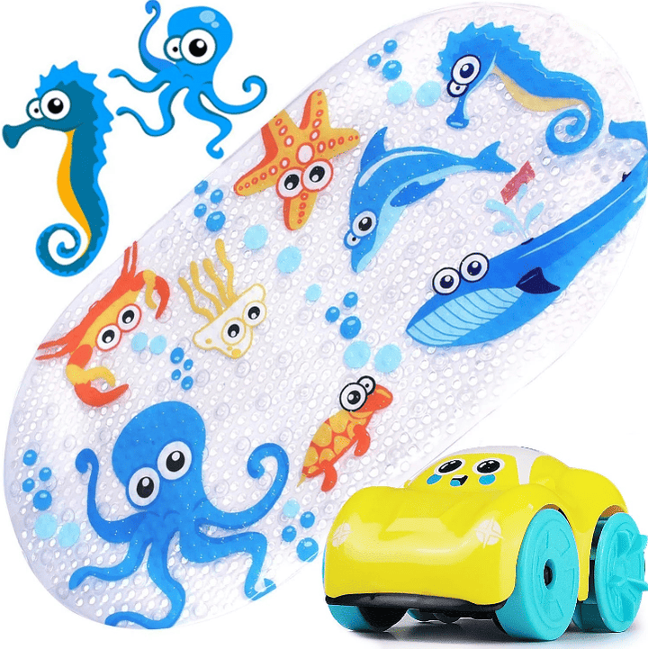 Tapis de bain antidérapant pour bébé orné de motifs pieuvre, hippocampe, étoile de mer et baleine, avec un petit jouet voiture jaune posé dessus.