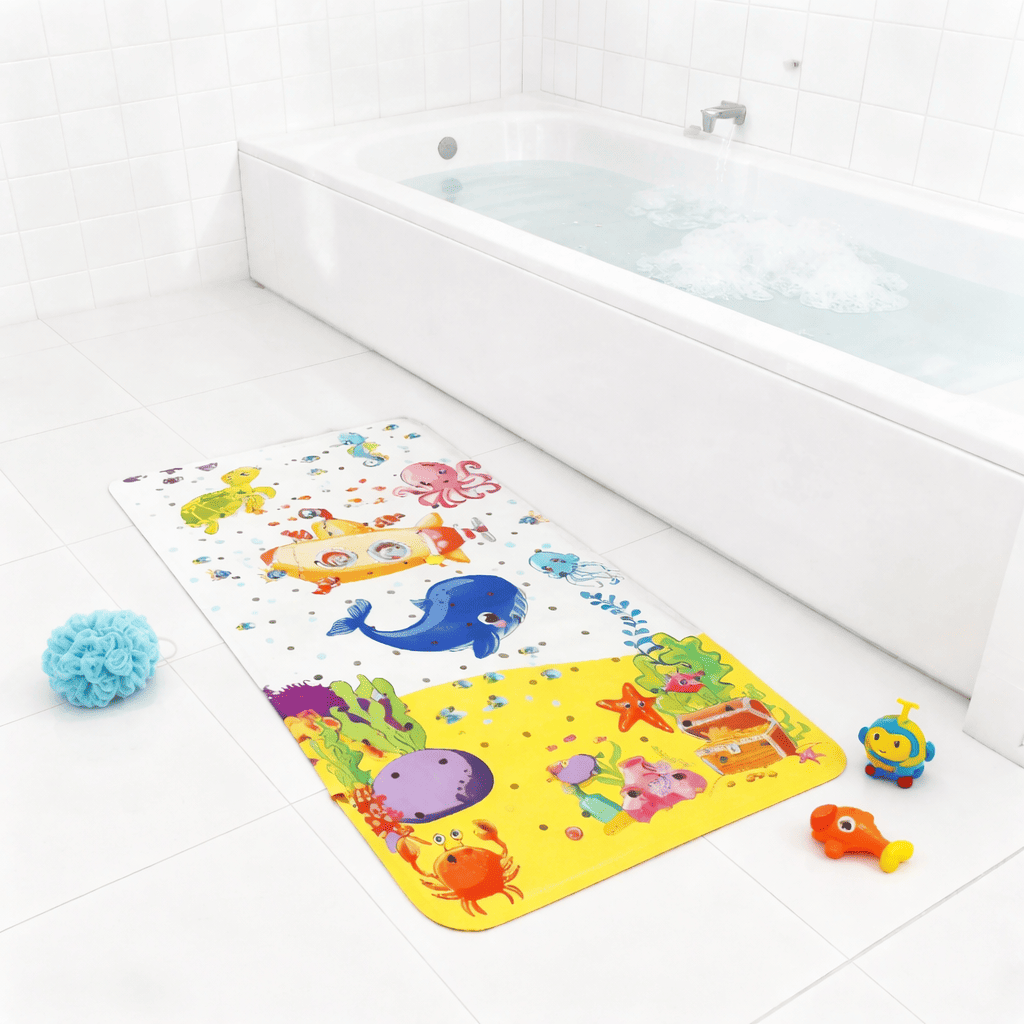 tapis de bain bébé posé au sol avant installation dans baignoire
