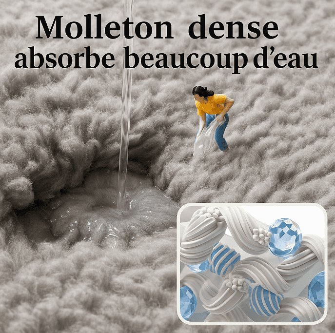 Gros plan sur un tapis de bain gris à poils épais absorbant un torrent d’eau, avec une figurine en T-shirt jaune et pantalon bleu marchant sur la zone humide, et un encart montrant la structure tressée des fibres et des gouttes bleues.