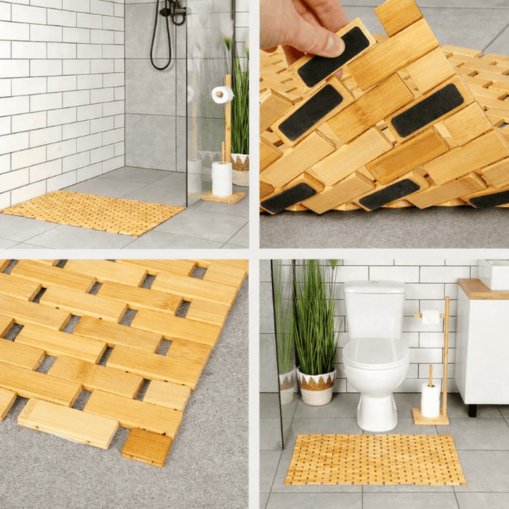 gros plan sur tapis de bain bambou montrant la structure en bois et la surface antidérapante