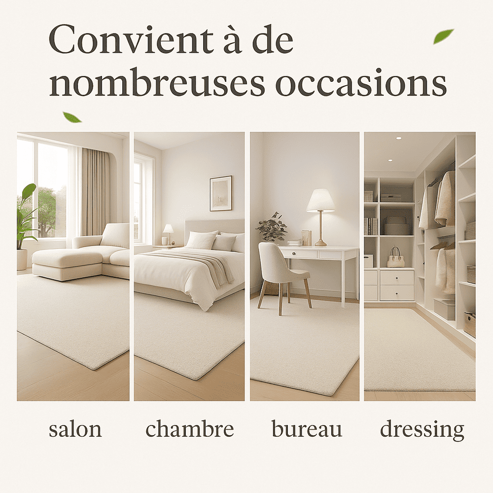 quatre pièces différentes (salon, chambre, bureau et dressing), chacune décorée d’un grand tapis beige à poils ras