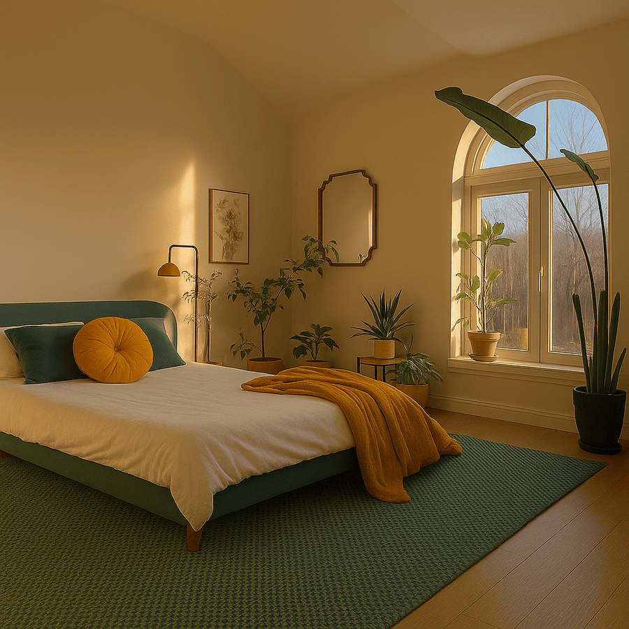 Chambre baignée de lumière avec un grand tapis berbère vert 200×290 cm sous le lit, plantes et linge de lit chaleureux