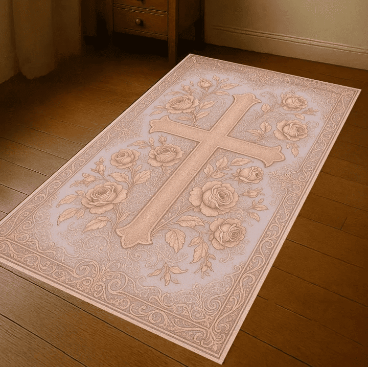 Tapis chrétien rose clair avec motifs religieux élégants et texture douce confortable