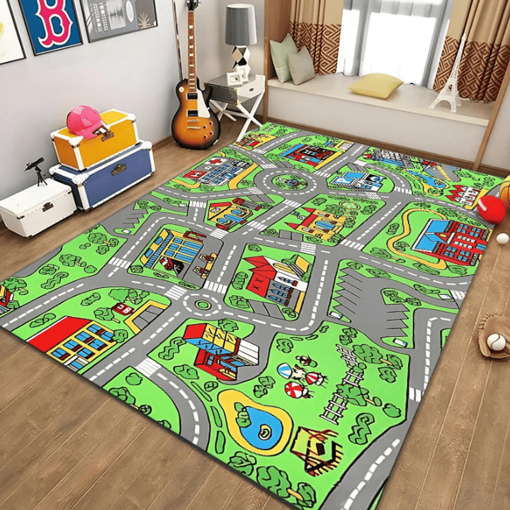 Tapis circuit voiture pour enfant représentant une ville colorée avec routes, bâtiments et espaces verts, installé dans une chambre de jeu.