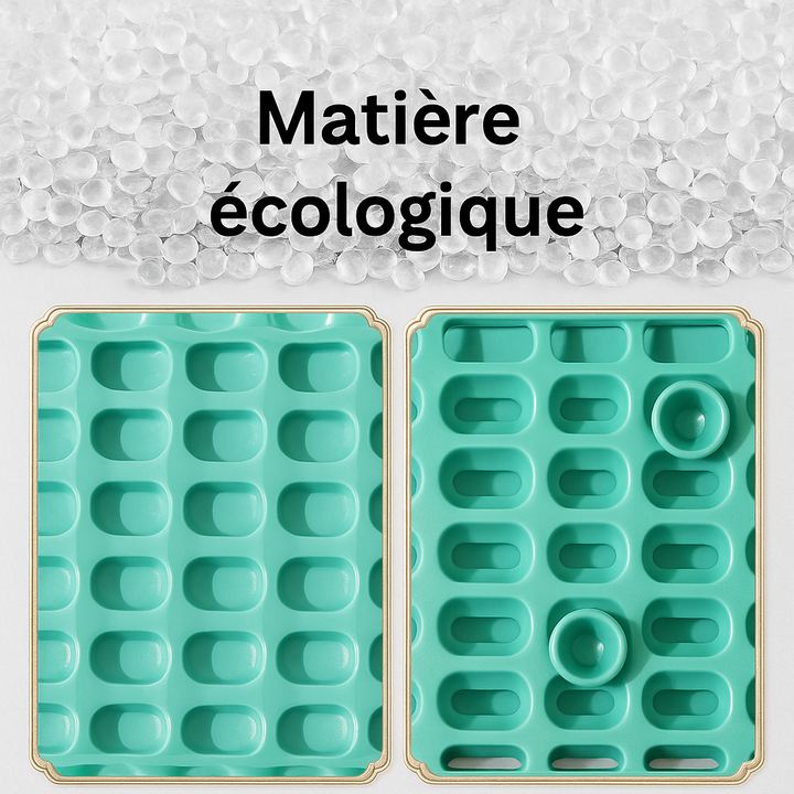 Gros plan sur des granulés de PVC recyclé et la texture antidérapante d’un tapis de bain écologique, avec motifs carrés et micro-ventouses.