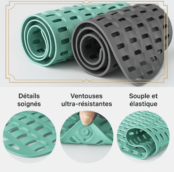 Infographie du tapis de bain antidérapant pour personnes âgées, montrant les détails de finition, les ventouses puissantes et la souplesse élastique du PVC.