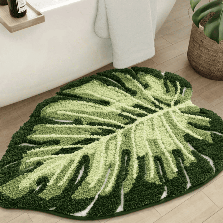 tapis de bain design feuille antidérapant vert salle de bain moderne