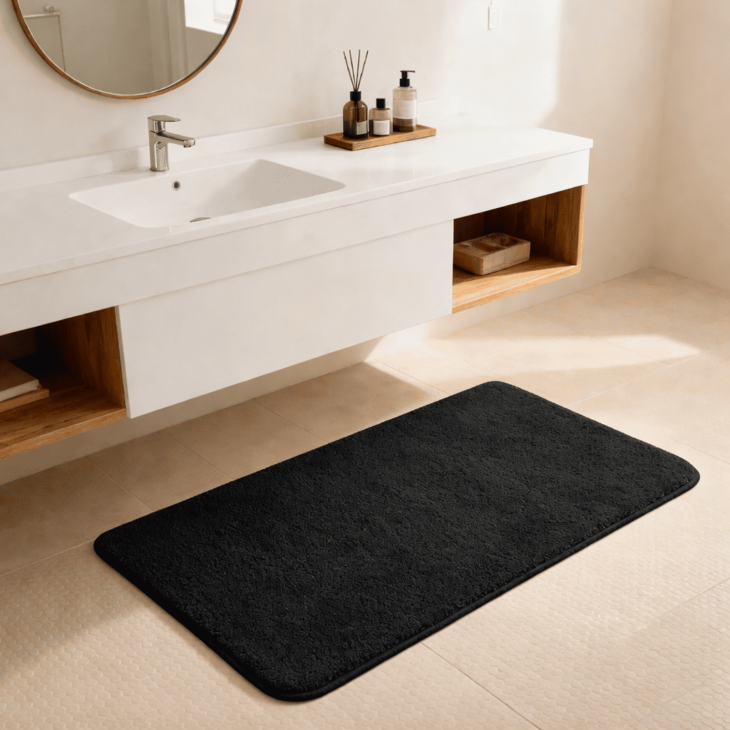 tapis salle de bain noir design placé devant meuble bois, tapis sortie de douche antidérapant et absorbant
