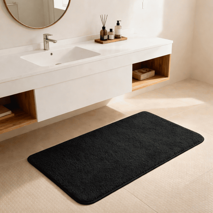 tapis salle de bain noir design placé devant meuble bois, tapis sortie de douche antidérapant et absorbant