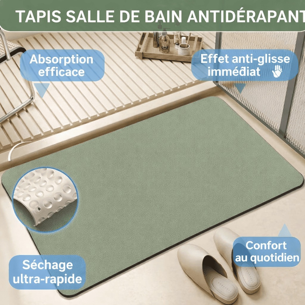 tapis de bain vert absorbant et antidérapant avec séchage rapide et confort sous les pieds