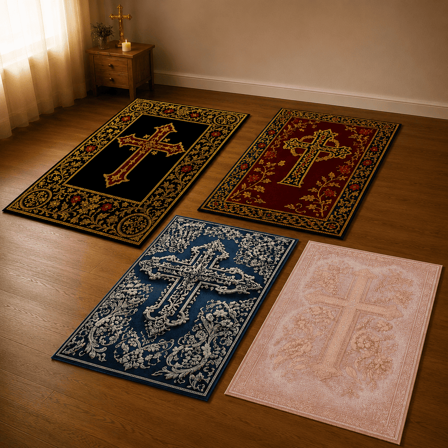 Ensemble de tapis de prière chrétienne élégants avec motifs croix dans un intérieur chaleureux et apaisant