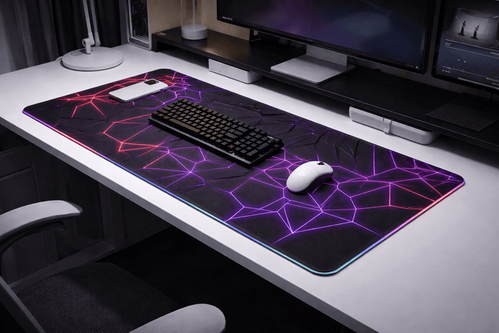Grand tapis de souris 1200x600 XXL installé sur bureau avec clavier et souris