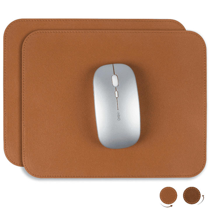 Tapis de souris cuir marron avec surface lisse en cuir PU et souris posée dessus, design élégant et professionnel pour bureau