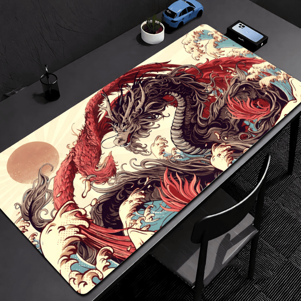 tapis souris dragon xxl rouge design japonais desk mat dragon bureau gaming grand format antidérapant