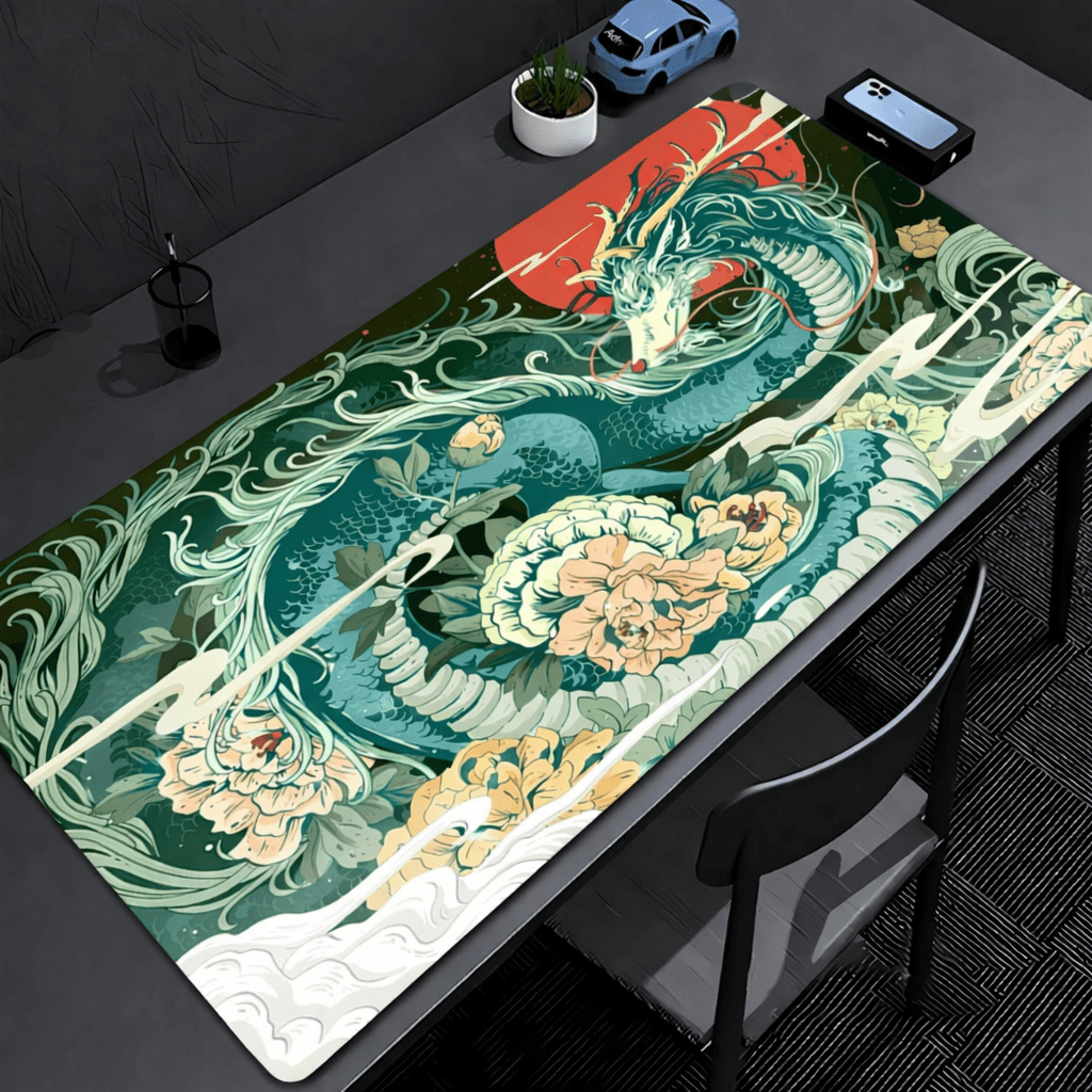 tapis souris dragon xxl vert motif japonais desk mat dragon bureau grand format antidérapant