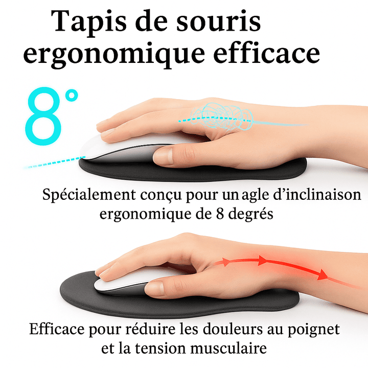 Photo d’un tapis de souris ergonomique légèrement incliné à 8°, avec un repose-poignet intégré. 