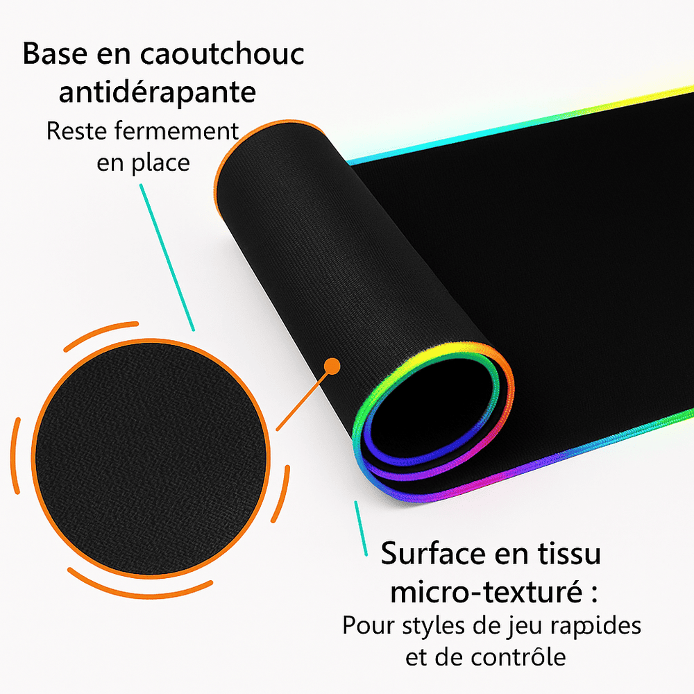 Gros plan sur un tapis de souris XXL RGB enroulé, avec éclairage LED multicolore. Légendes : « Base en caoutchouc antidérapante