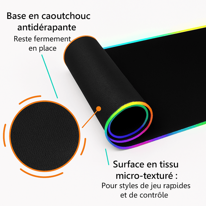 Gros plan sur un tapis de souris XXL RGB enroulé, avec éclairage LED multicolore. Légendes : « Base en caoutchouc antidérapante