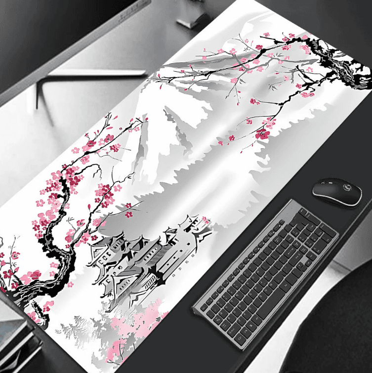 Tapis de souris japonais XXL Sakura installé sur un bureau moderne avec clavier et souris