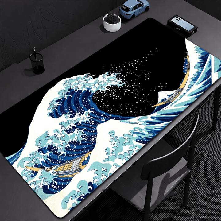 tapis de souris vague hokusai xxl design japonais grande vague kanagawa desk mat bleu