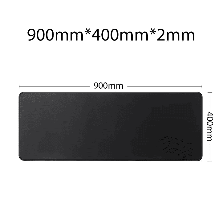  Schéma montrant un tapis de bain rectangulaire noir avec ses dimensions : 900 mm de long, 400 mm de large et 2 mm d’épaisseur.