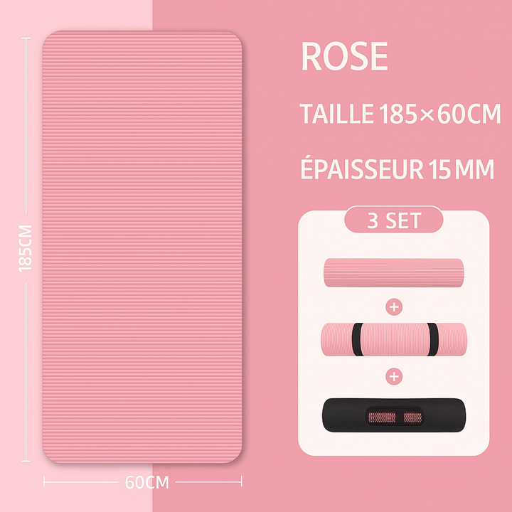 Tapis de sport rose de 185 × 60 cm et 15 mm d’épaisseur, montré déplié, roulé avec une sangle et plié pour un transport facile.