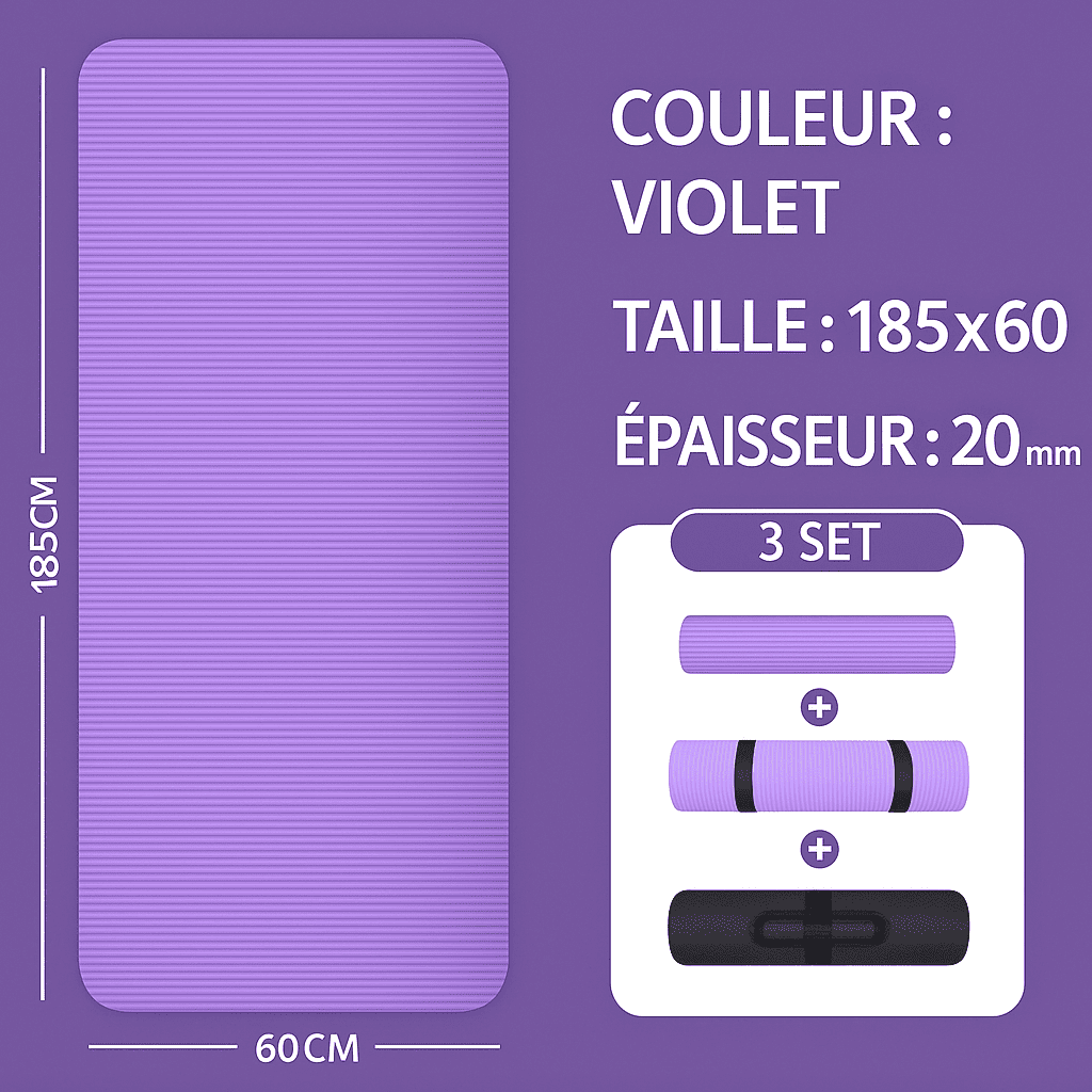 Tapis de sport violet 185 × 60 cm épais de 20 mm, présenté en trois configurations : déplié à plat, roulé avec sangle et plié pour transport.