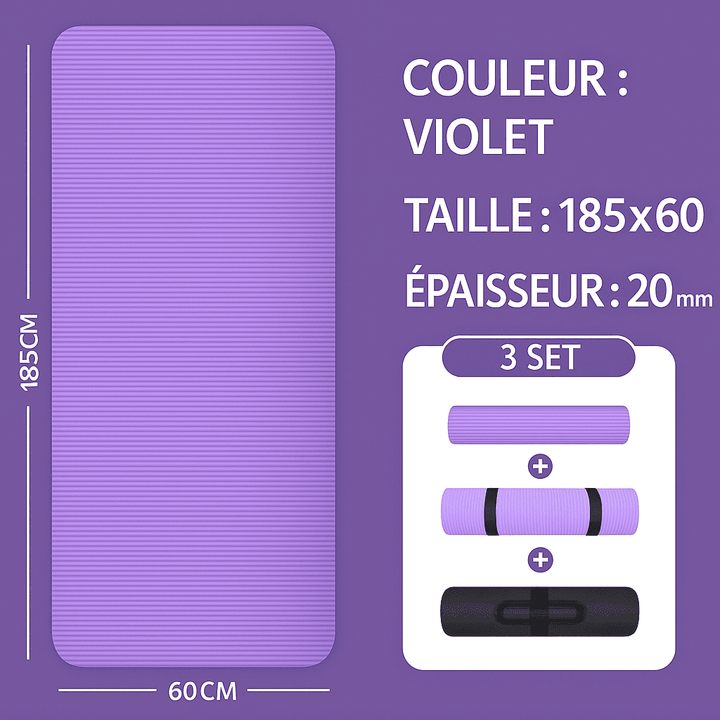 Tapis de sport violet 185 × 60 cm épais de 20 mm, présenté en trois configurations : déplié à plat, roulé avec sangle et plié pour transport.
