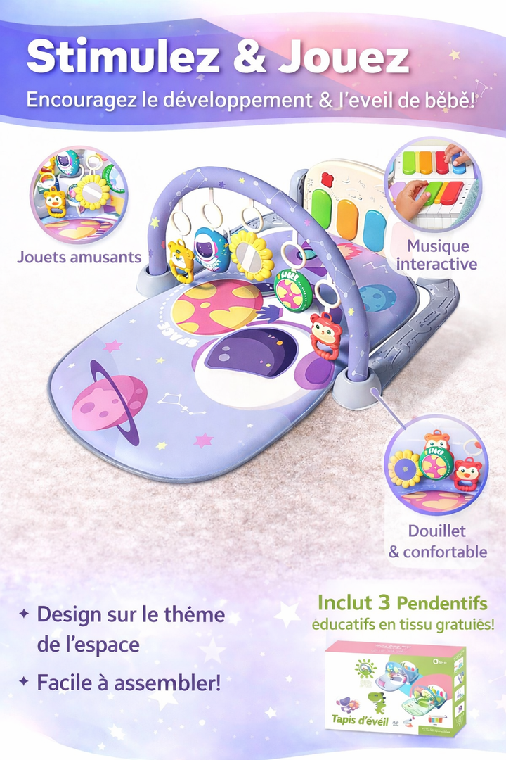 Tapis d’éveil bébé 0-6 mois avec arche de jeux, musique interactive, jouets suspendus et design spatial éducatif