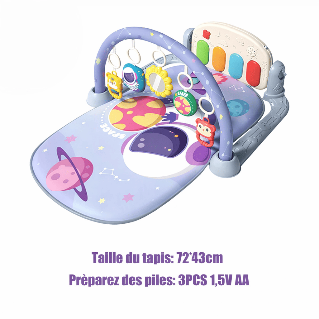 Tapis d’éveil bébé 0-6 mois avec arche de jeux, piano musical interactif, jouets suspendus et dimensions 72x43 cm