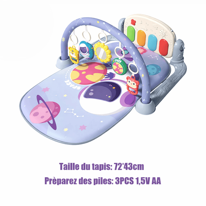 Tapis d’éveil bébé 0-6 mois avec arche de jeux, piano musical interactif, jouets suspendus et dimensions 72x43 cm