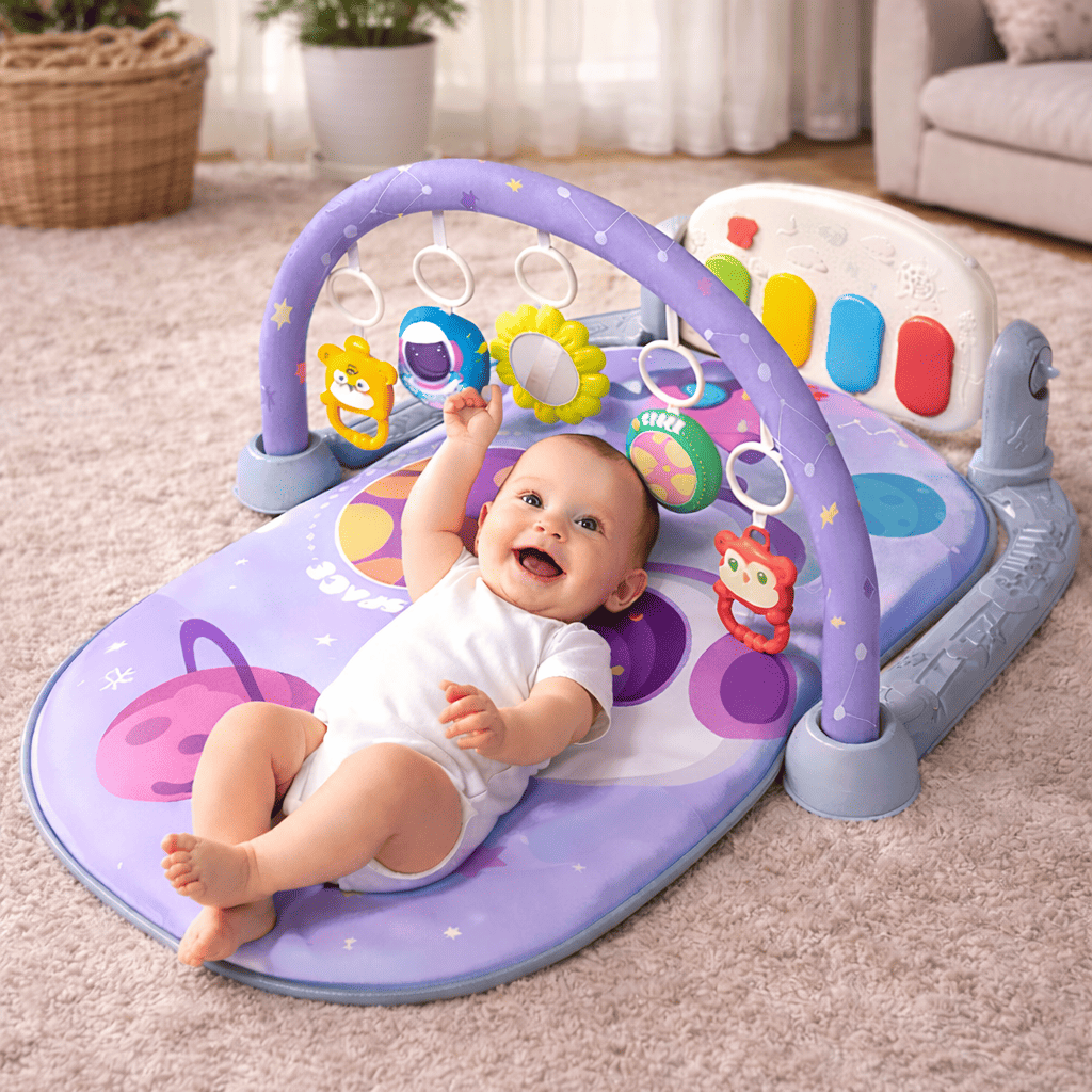 Bébé heureux jouant sur un tapis d’éveil 0-6 mois avec jouets suspendus et arche musicale dans un salon lumineux
