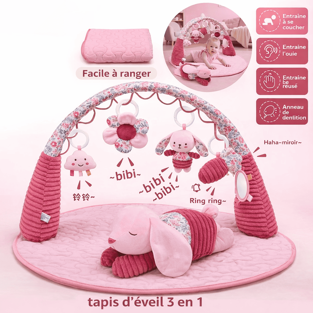 Fonctionnalités du tapis d’éveil 3 en 1 montrant les positions de jeu bébé