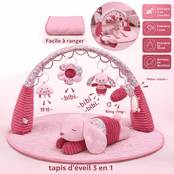 Fonctionnalités du tapis d’éveil 3 en 1 montrant les positions de jeu bébé