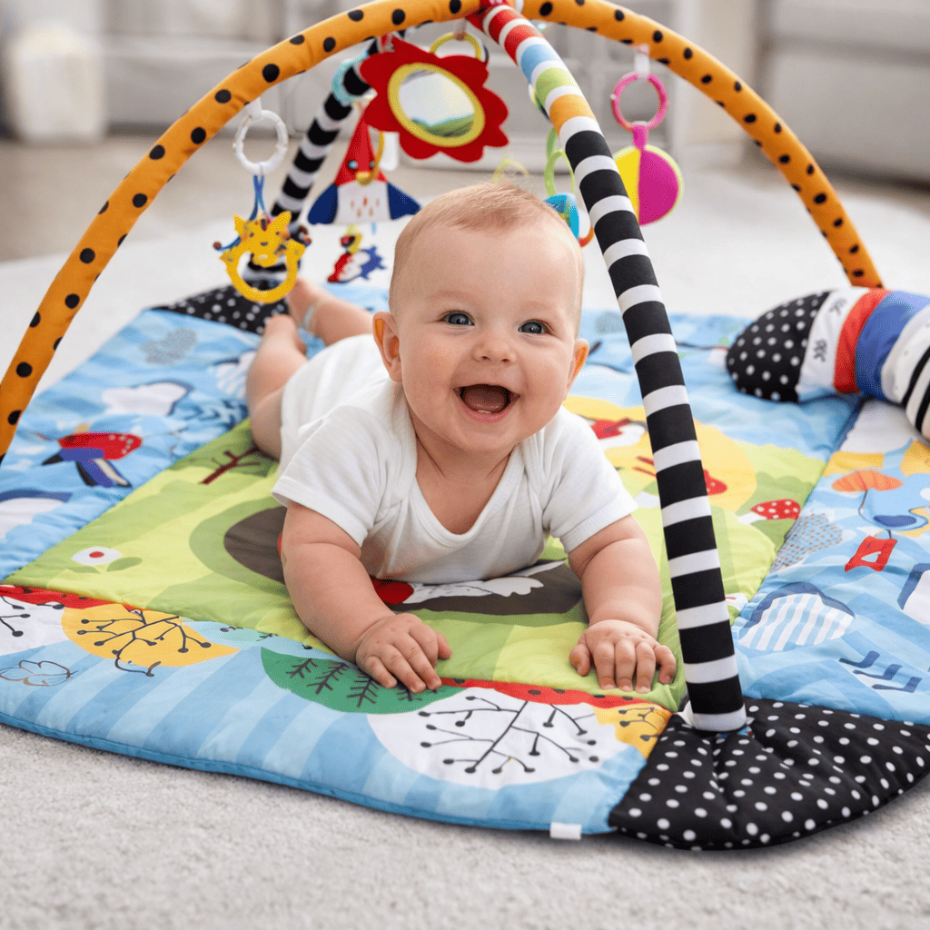 Bébé jouant sur tapis d’éveil 4 en 1 multifonction avec arche, espace sécurisé pour motricité et développement