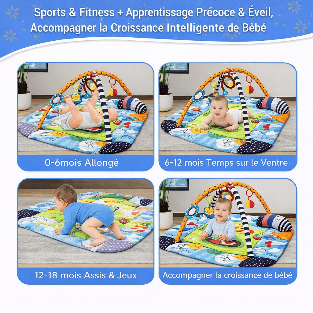 Tapis d’éveil 4 en 1 évolutif pour bébé de 0 à 36 mois, adapté au jeu et à l’apprentissage