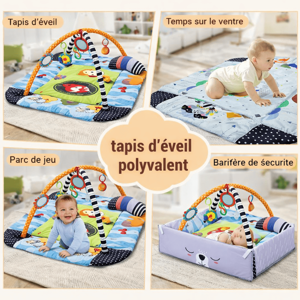 Tapis d’éveil bébé 4 en 1 transformable en aire de jeu, tapis ouvert, espace détente et parc sécurisé