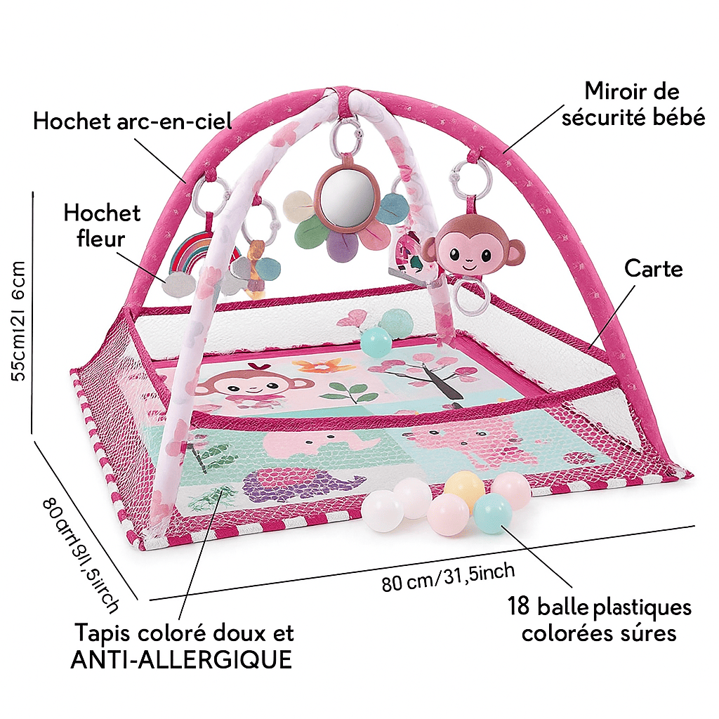apis d’éveil bébé fille rose avec arche sécurisée, jouets suspendus, miroir, hochets colorés, tapis doux hypoallergénique