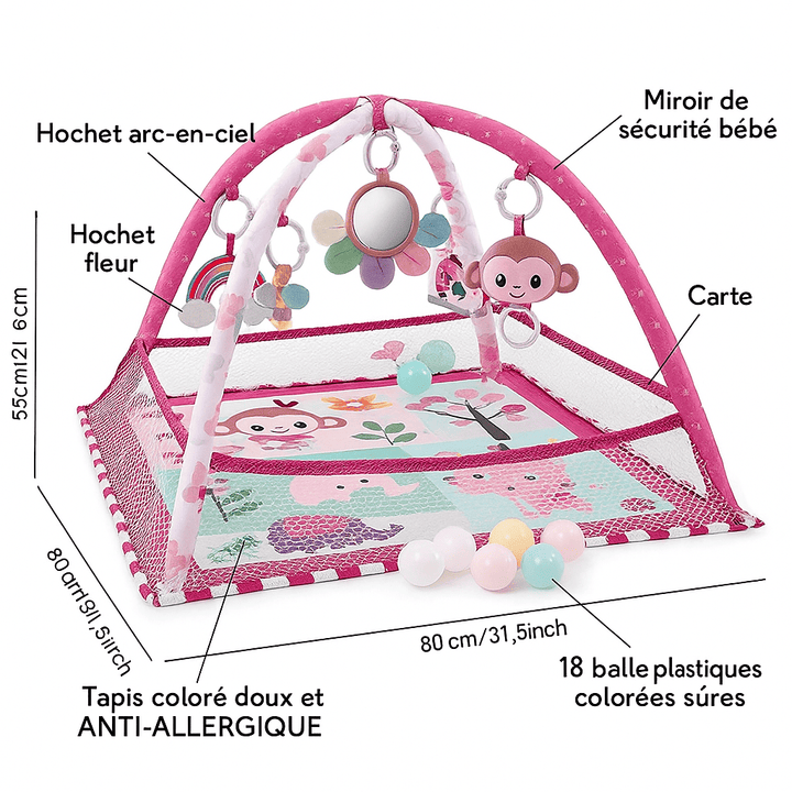 apis d’éveil bébé fille rose avec arche sécurisée, jouets suspendus, miroir, hochets colorés, tapis doux hypoallergénique