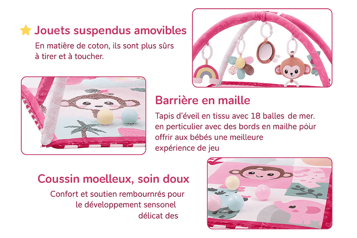 Tapis d’éveil bébé fille avec jouets suspendus détachables, tissu doux, barrière en maille 